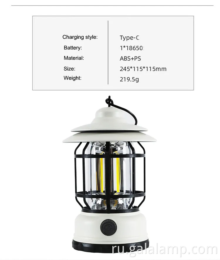 Портативный светодиодный фонарь для кемпинга с ретро -дизайном и аккумуляторной батареей